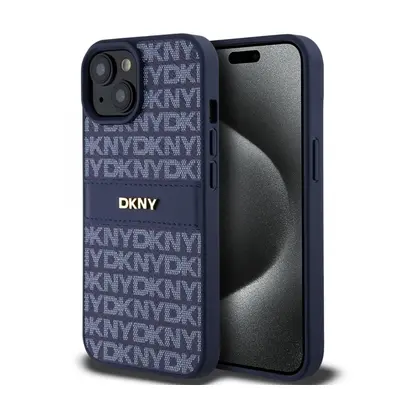 Zadní Kryt DKNY PU Leather Repeat Pattern Tonal Stripe pro iPhone 15 modrý