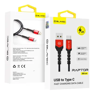 Datový kabel Blavec Raptor Braided - USB na typ C - 2A 3m (CRA-UC2BR30) černo-červený