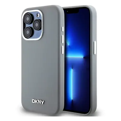 Zadní Kryt DKNY Liquid Silicone Silver Metal Logo Magsafe na iPhone 15 Pro Grey