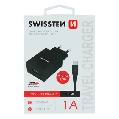 Swissten síťový adaptér smart ic 1x usb 1a power + datový kabel usb / micro usb 1,2 m černý