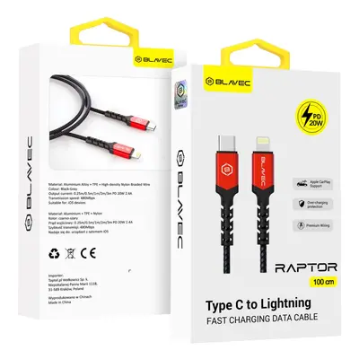 Datový kabel Blavec Raptor Braided - Type C to Lightning - PD 20W 2,4A 1m (CRA-CL24BR10) černo-č