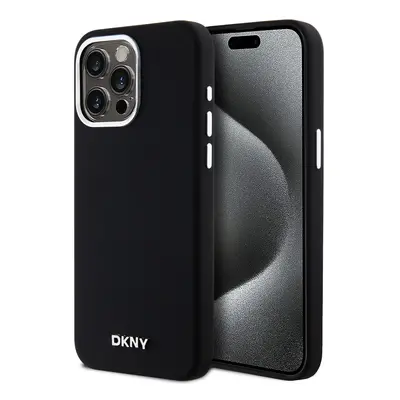 Zadní Kryt DKNY Liquid Silicone Silver Metal Logo Magsafe pro iPhone 15 Pro Max černý