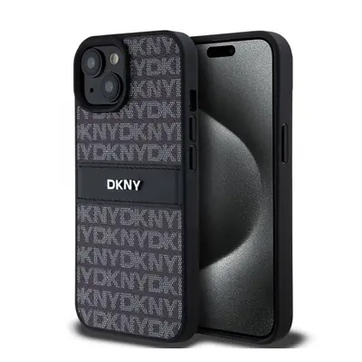 Zadní Kryt DKNY PU Leather Repeat Pattern Tonal Stripe pro iPhone 15 černý