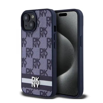 Zadní Kryt DKNY PU Leather Checkered Pattern and Stripe pro iPhone 15 modrý