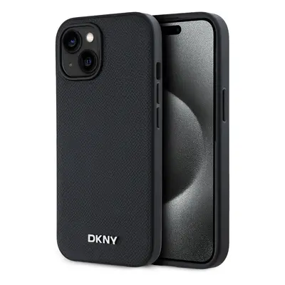 Zadní Kryt DKNY PU Leather Silver Metal Logo Magsafe pro iPhone 13 černý