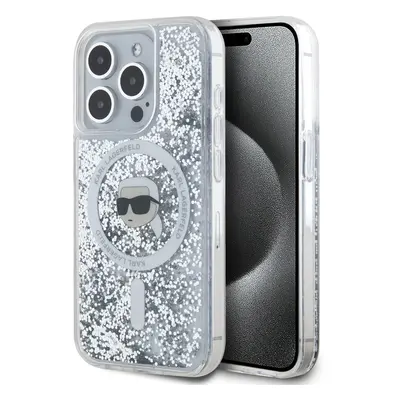 Karl Lagerfeld Liquid Glitter Karl Head MagSafe Zadní Kryt pro iPhone 15 Pro Max Transparent