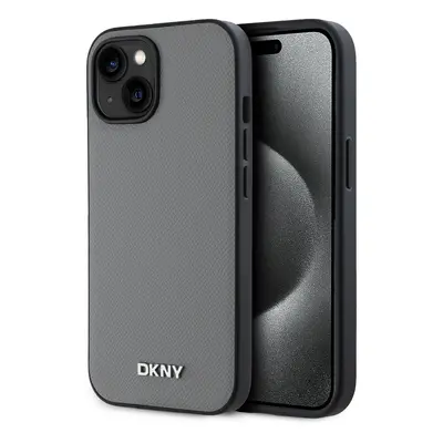 Zadní Kryt DKNY PU Leather Silver Metal Logo Magsafe pro iPhone 13 šedý