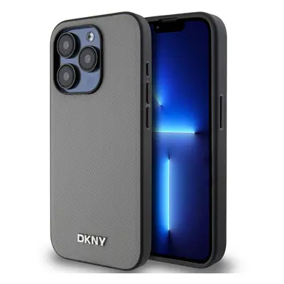 Zadní Kryt DKNY PU Leather Silver Metal Logo Magsafe pro iPhone 15 Pro Max šedý