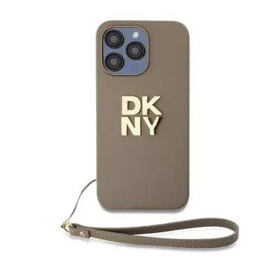 Zadní Kryt DKNY PU Leather Stack Logo Wrist Strap pro iPhone 15 Pro Beige