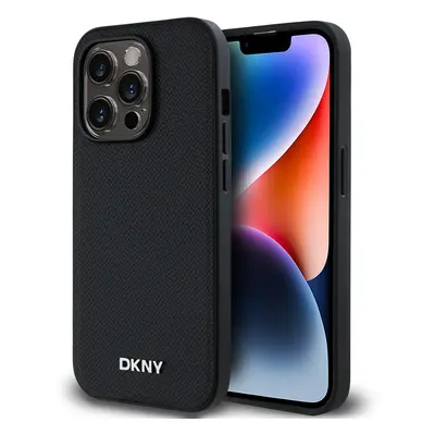 Zadní Kryt DKNY PU Leather Silver Metal Logo Magsafe pro iPhone 14 Pro Max černý