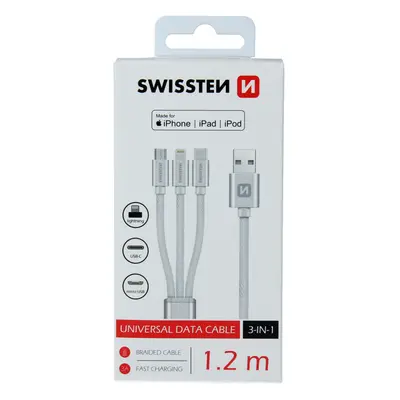 Datový kabel Swissten textile 3v1 mfi 1,2 m stříbrný