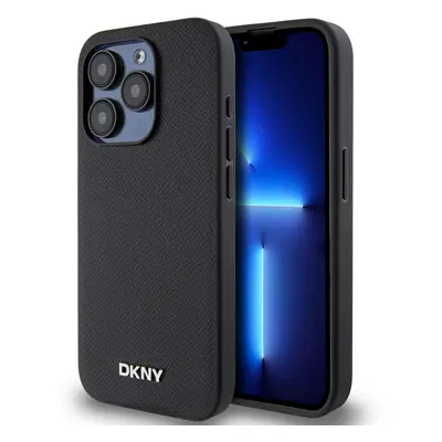 Zadní Kryt DKNY PU Leather Silver Metal Logo Magsafe pro iPhone 15 Pro černý