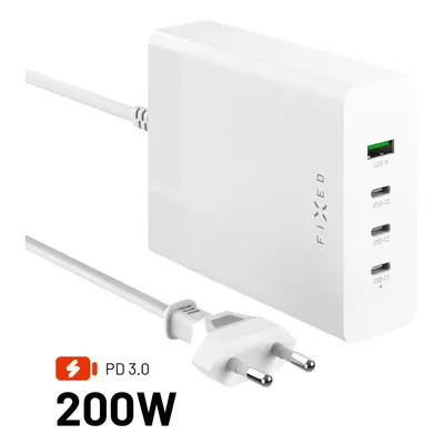 Síťový GaN adaptér FIXED Charging Station s 3xUSB-C a USB výstupem, podpora PD 3.0, 200W, bílý