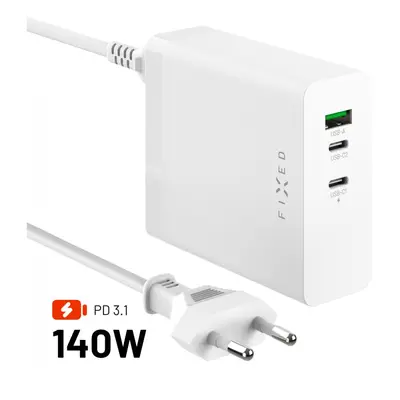 Síťový GaN adaptér FIXED Charging Station s 2xUSB-C a USB výstupem, podpora PD 3.1, 140W, bílý