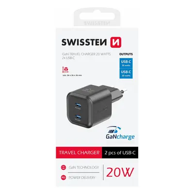 Adaptér Swissten Gan 2x USB-C 20W s funkcí rychlonabíjení černý