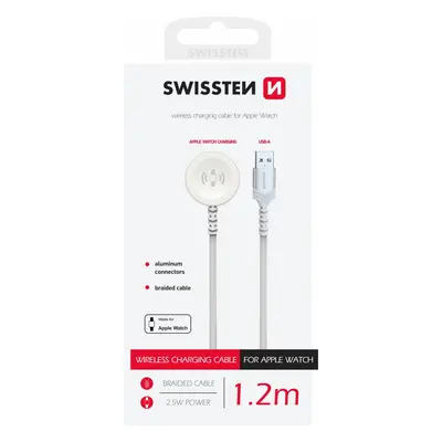 Opletený magnetický kabel Swissten pro Apple Watch kovový, USB-A 1.2 m bílý