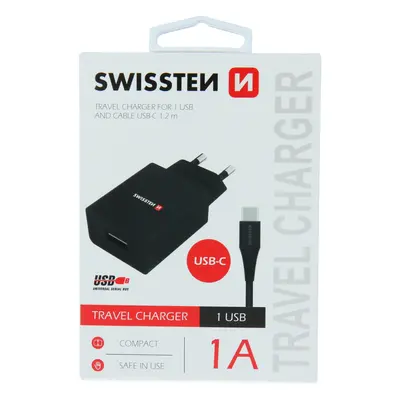 Swissten síťový adaptér smart ic 1x usb 1a power + datový kabel usb / type c 1,2 m černý