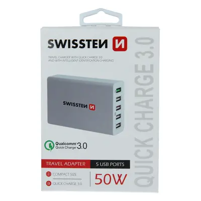 Adaptér Swissten Qualcomm 3.0 + Smart IC 5x USB 50W bílý