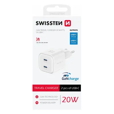 Adaptér Swissten Gan 2x USB-C 20W s funkcí rychlonabíjení bílý