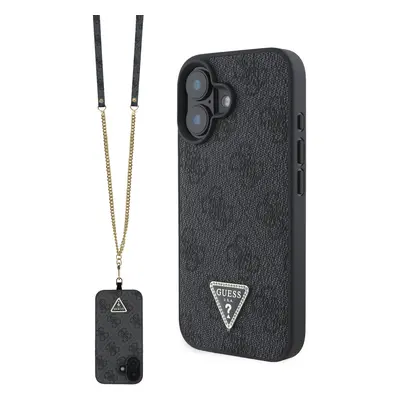 Originální zadní kryt Guess PU 4G Strass Triangle Metal Logo + Crossbody Popruh pro iPhone 16 Bl