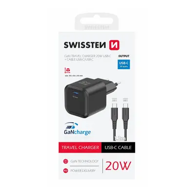 Rychlonabíječka Swissten vč. datového kabelu USB-C 1.2m 20W černá