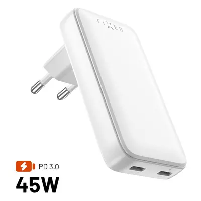 Adaptér GaN FIXED Slim s 2x USB-C výstupem a podporou PD, 45W, bílý