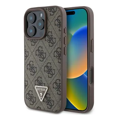 Originální zadní kryt Guess PU 4G Strass Triangle Metal Logo pro iPhone 16 Pro Max Brown