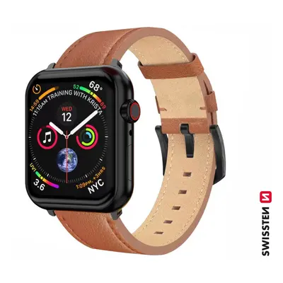 Řemínek Swissten pro Apple Watch kožený 42 - 44 - 45 - 49 mm hnědý (černá spona a černé poutko)