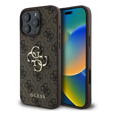 Originální zadní kryt Guess PU 4G Metal Logo pro iPhone 16 Pro Max Brown