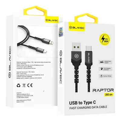 Datový kabel Blavec Raptor Braided - USB na typ C - PD 66W 6A 2m (CRA-UC6BG20) černo-šedý