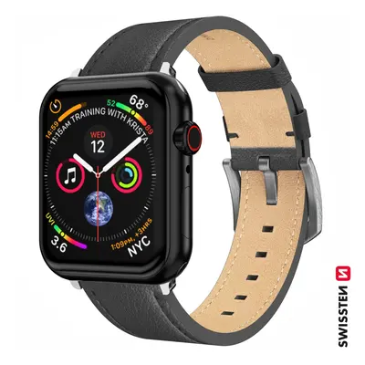 Řemínek Swissten pro Apple Watch kožený 42 - 44 - 45 - 49 mm černý (stříbrná spona a stříbrné p