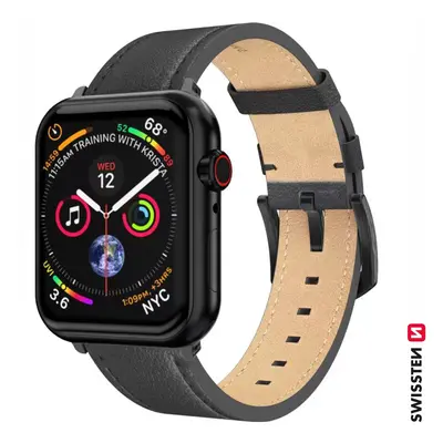 Řemínek Swissten pro Apple Watch kožený 42 - 44 - 45 - 49 mm černý (černá spona a černé poutko)