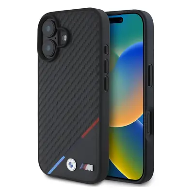 Zadní kryt BMW M PU Carbon Tricolor Stripe MagSafe pro iPhone 16 Black