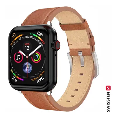 Řemínek Swissten pro Apple Watch kožený 42 - 44 - 45 - 49 mm hnědý (stříbrná spona a stříbrné p