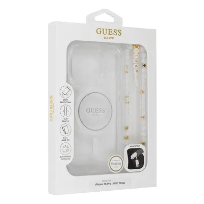 Originální zadní kryt GUESS IML Glitter with Pearl Strap Magsafe GUHMP16SHGCRELST pro iPhone 16 