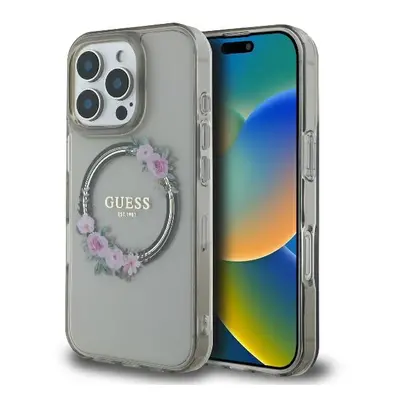 Originální zadní kryt GUESS IML Flowers Wreath Magsafe GUHMP16LHFWFCK pro iPhone 16 Pro tmavý