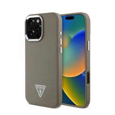 Zadní kryt Guess PU Grained Triangle Logo pro iPhone 16 Pro Brown