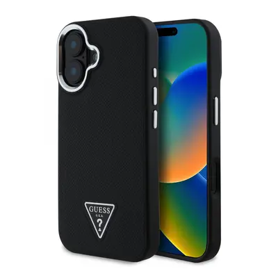 Zadní kryt Guess PU Grained Triangle Logo pro iPhone 16 Black