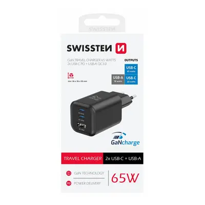 Adaptér Swissten s funkcí rychlonabíjení 1x USB-A, 2X USB-C 65W černý