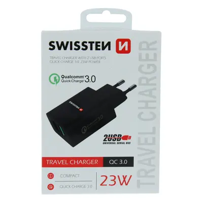 Swissten síťový adaptér 2x usb qc 3.0 + usb, 23w černý