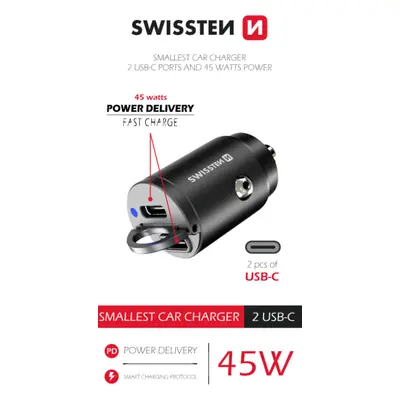 Swissten cl adaptér power delivery 2x usb-c 45w nano černý