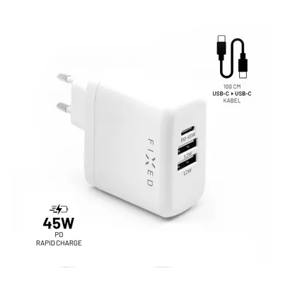 Set síťové nabíječky FIXED s USB-C a 2xUSB výstupem a USB-C/USB-C kabelu, podpora PD, 45W, bílý