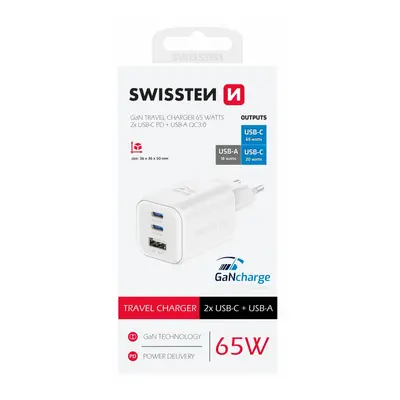 Adaptér Swissten s funkcí rychlonabíjení 1x USB-A, 2X USB-C 65W bílý