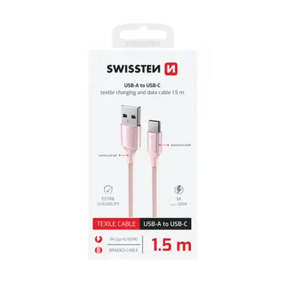 Datový kabel Swissten Textile II USB-A - USB-C 1,5 m růžový