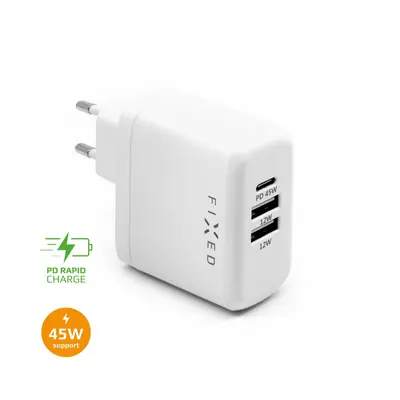 Síťová nabíječka FIXED s USB-C a 2xUSB výstupem, podpora PD, 45W, bílá