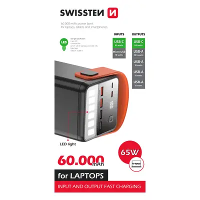 Powerbanka Swissten 60000 mAh 65W s funkcí rychlonabíjení černá