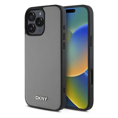 Zadní kryt DKNY PU Leather Silver Metal Logo Magsafe pro iPhone 16 Pro Grey