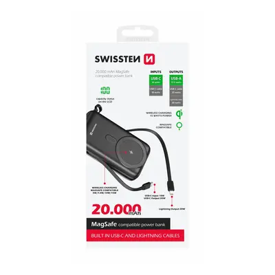 Powerbanka Swissten 20000 mAh s funkcí rychlonabíjení 20W s kabely USB-C a Lightning (kompatibil