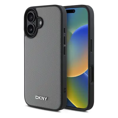 Zadní kryt DKNY PU Leather Silver Metal Logo Magsafe pro iPhone 16 Grey