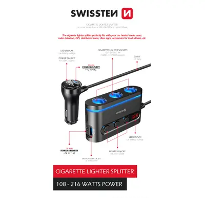 Adaptér do auta Swissten lighter socket s funkcí rychlonabíjení černý